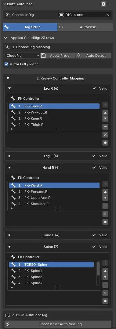 The five chain lists expanded in Review Controller Mapping