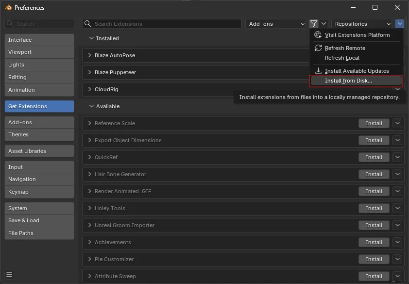 Blender preferences with Install from Disk selected