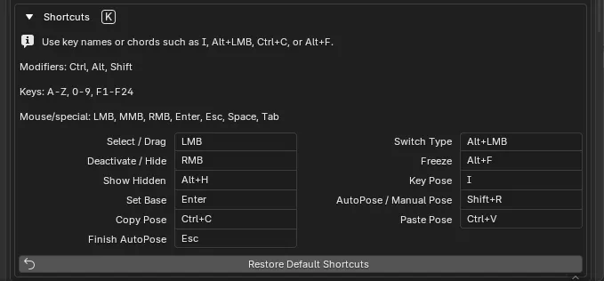 AutoPose shortcut preferences with editable key bindings