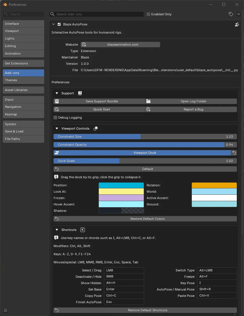 Blaze AutoPose add-on preferences