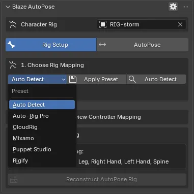 Step 1 of Rig Setup with the preset dropdown
