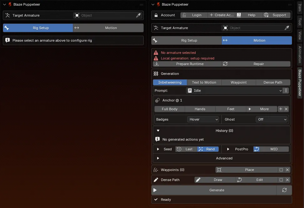 the Blaze Puppeteer panel visible in Blender with the Motion and Rig Setup modes easy to find