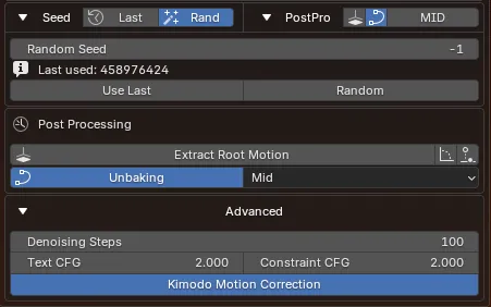Seed, PostPro, and Advanced controls